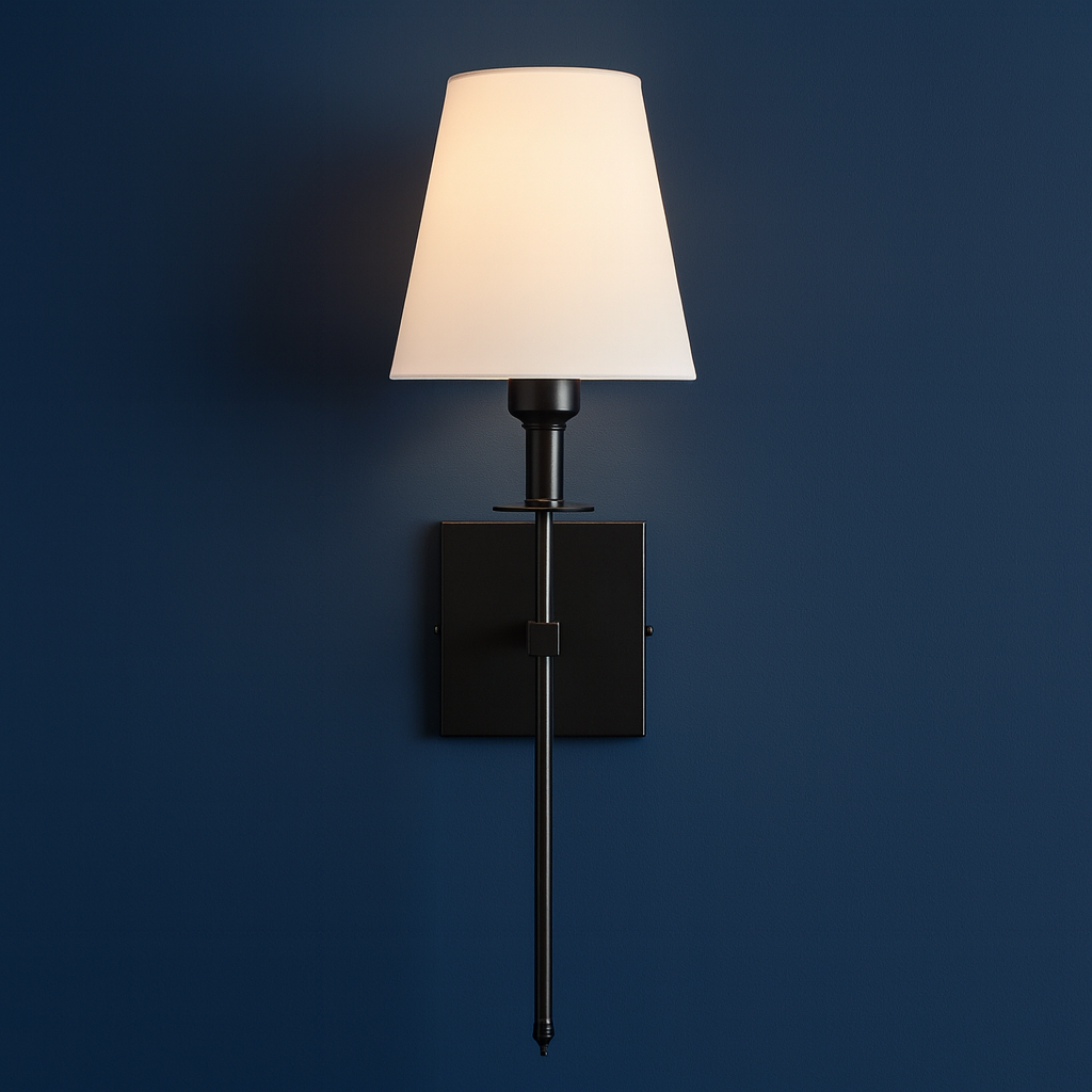 Brass Wall Light | Classic Long-Arm Tapered Fabric Shade Living Room