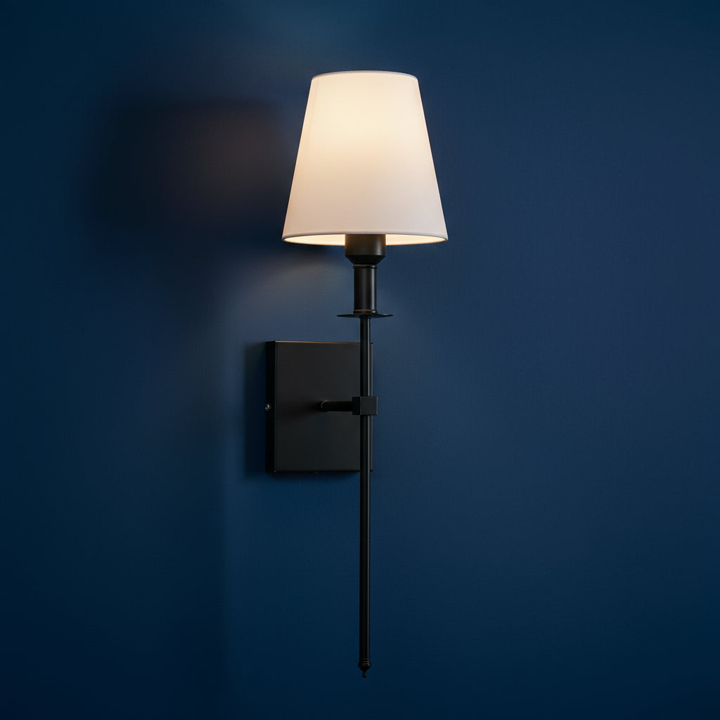Brass Wall Light | Classic Long-Arm Tapered Fabric Shade Living Room