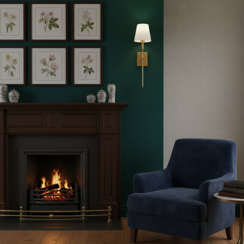 Brass Wall Light | Classic Long-Arm Tapered Fabric Shade Living Room