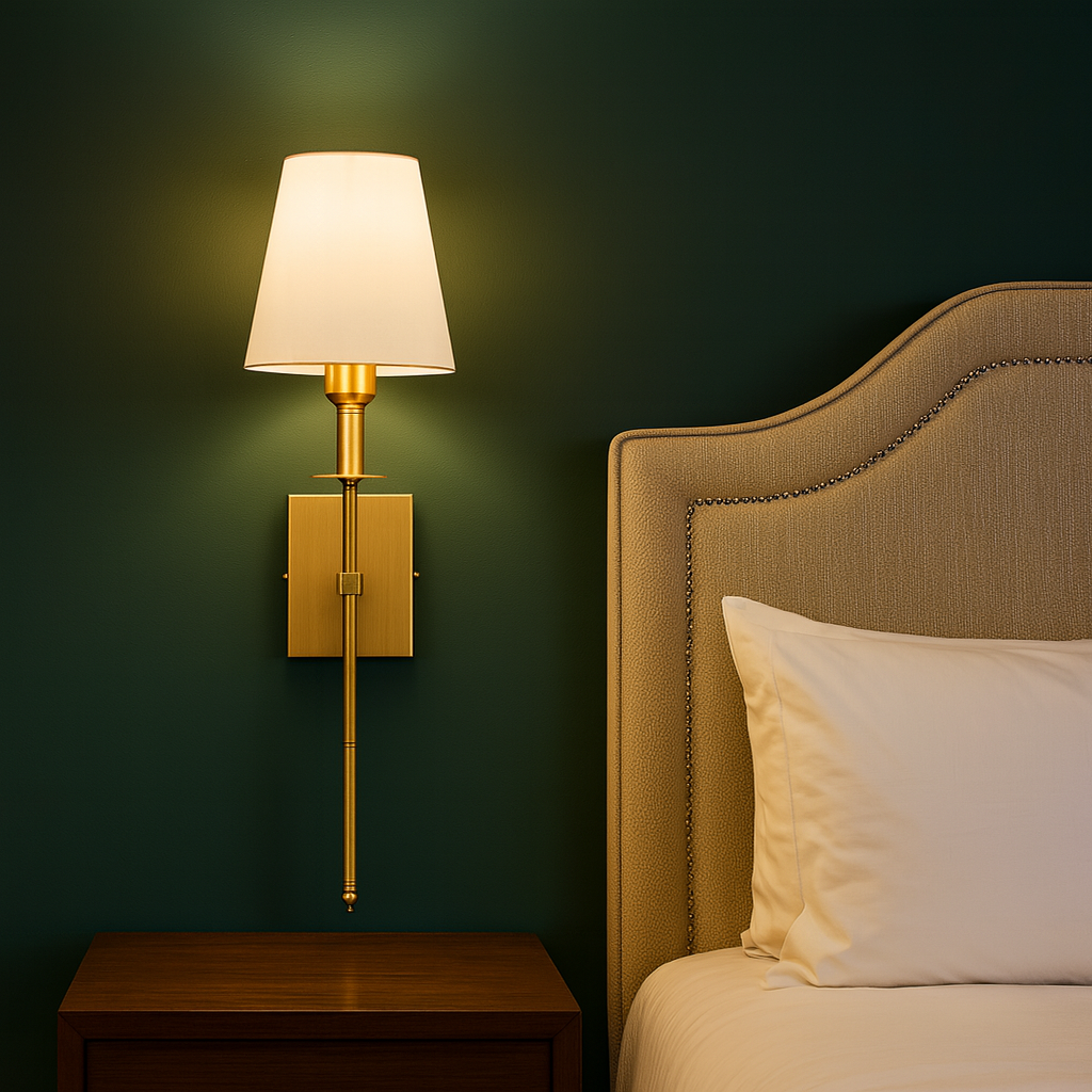 Brass Wall Light | Classic Long-Arm Tapered Fabric Shade Living Room