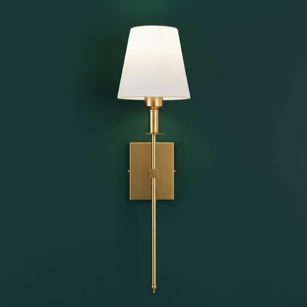 Brass Wall Light | Classic Long-Arm Tapered Fabric Shade Living Room