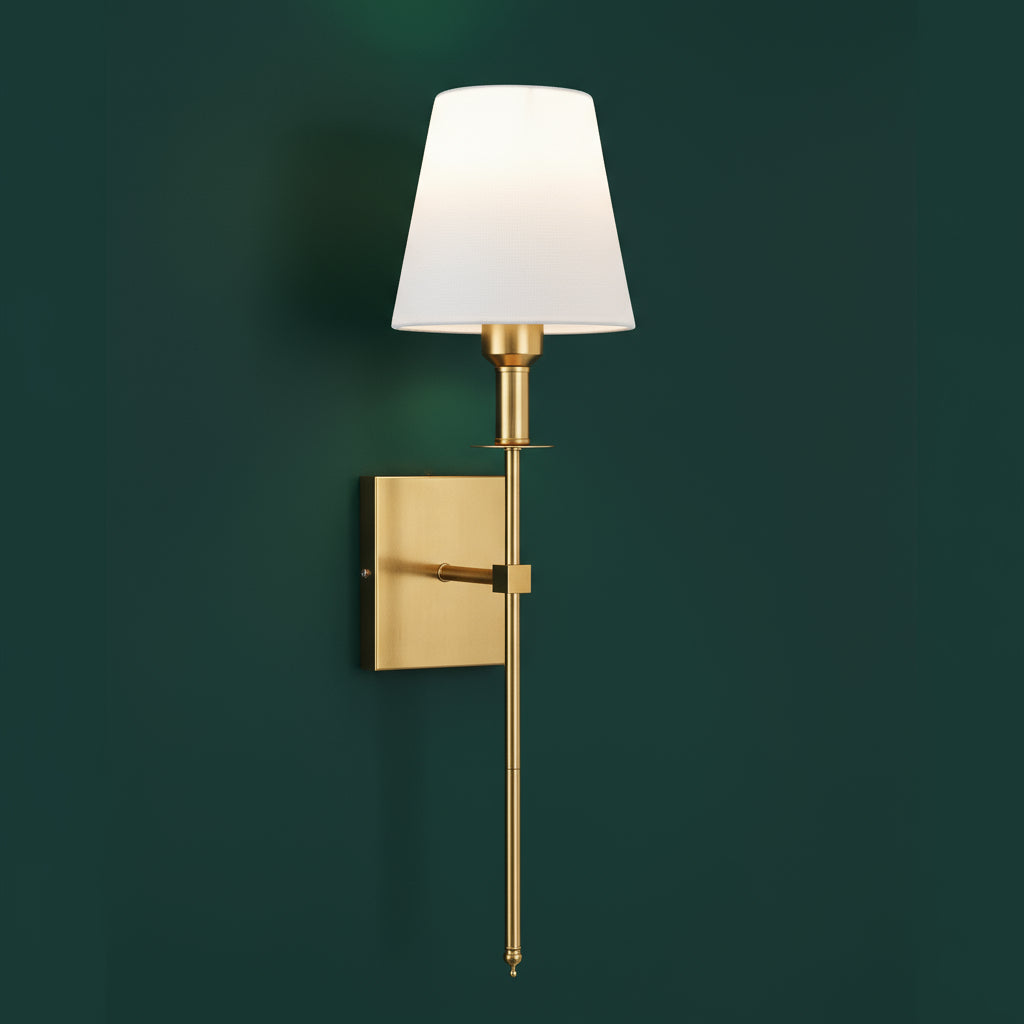 Brass Wall Light | Classic Long-Arm Tapered Fabric Shade Living Room