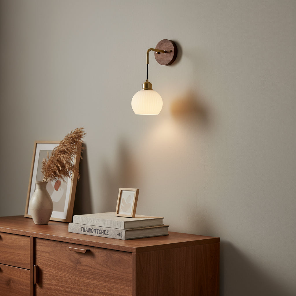 Art Deco Wall Light | Walnut Wood Frosted Glass Globe Brass Arm Bedroom