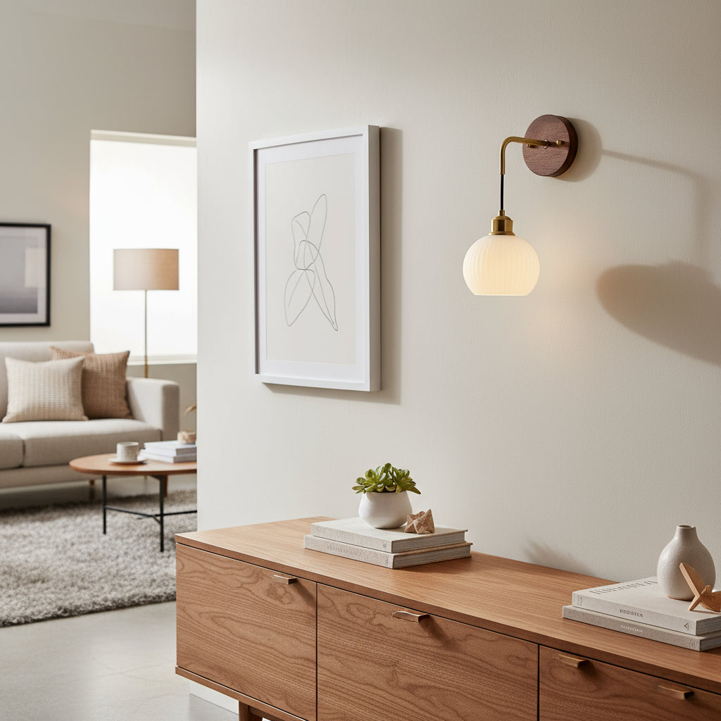 Art Deco Wall Light | Walnut Wood Frosted Glass Globe Brass Arm Bedroom