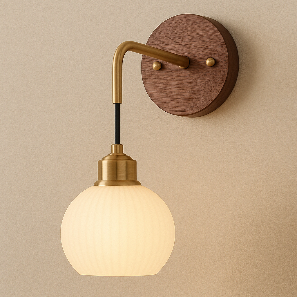 Art Deco Wall Light | Walnut Wood Frosted Glass Globe Brass Arm Bedroom