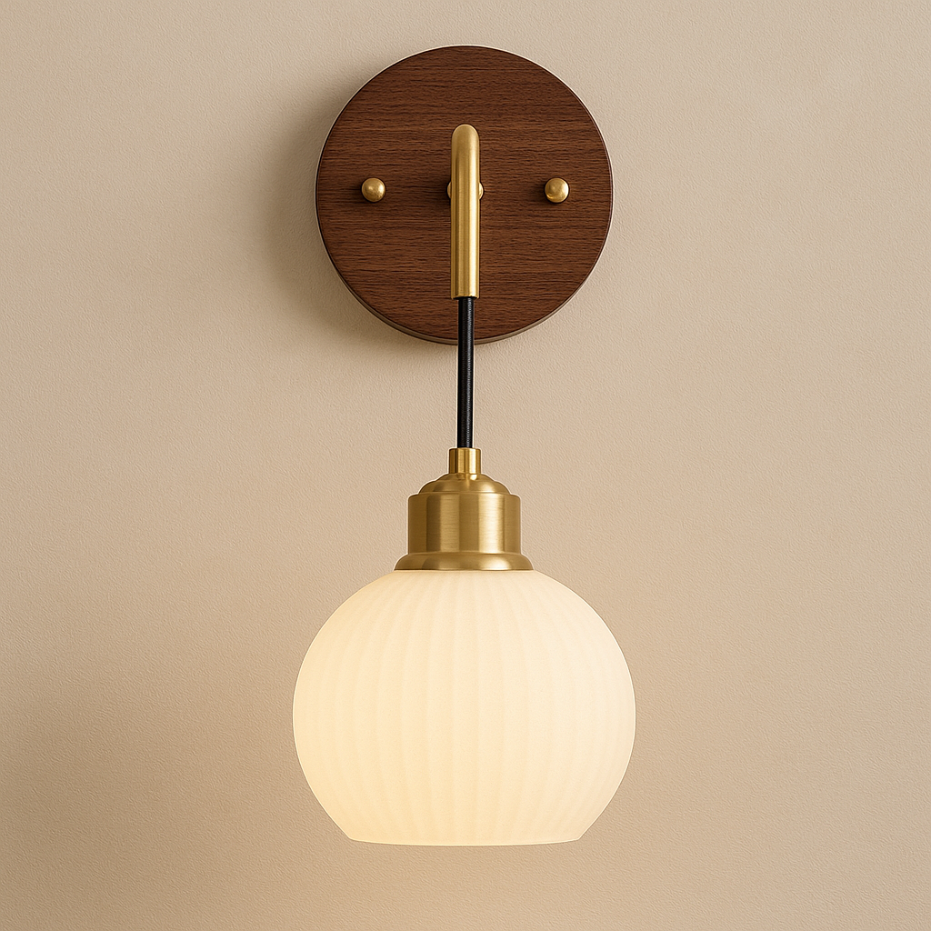 Art Deco Wall Light | Walnut Wood Frosted Glass Globe Brass Arm Bedroom