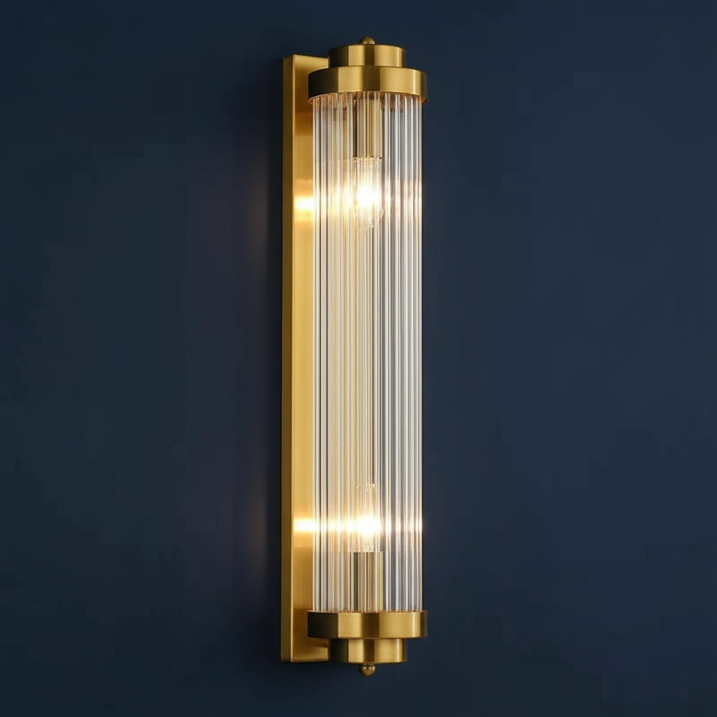 Art Deco Wall Light | Vertical Ribbed Crystal Tube Double Bulbs Bedroom Lighting