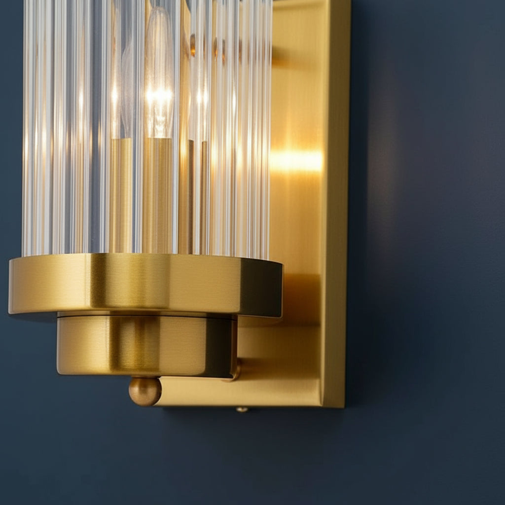 Art Deco Wall Light | Vertical Ribbed Crystal Tube Double Bulbs Bedroom Lighting