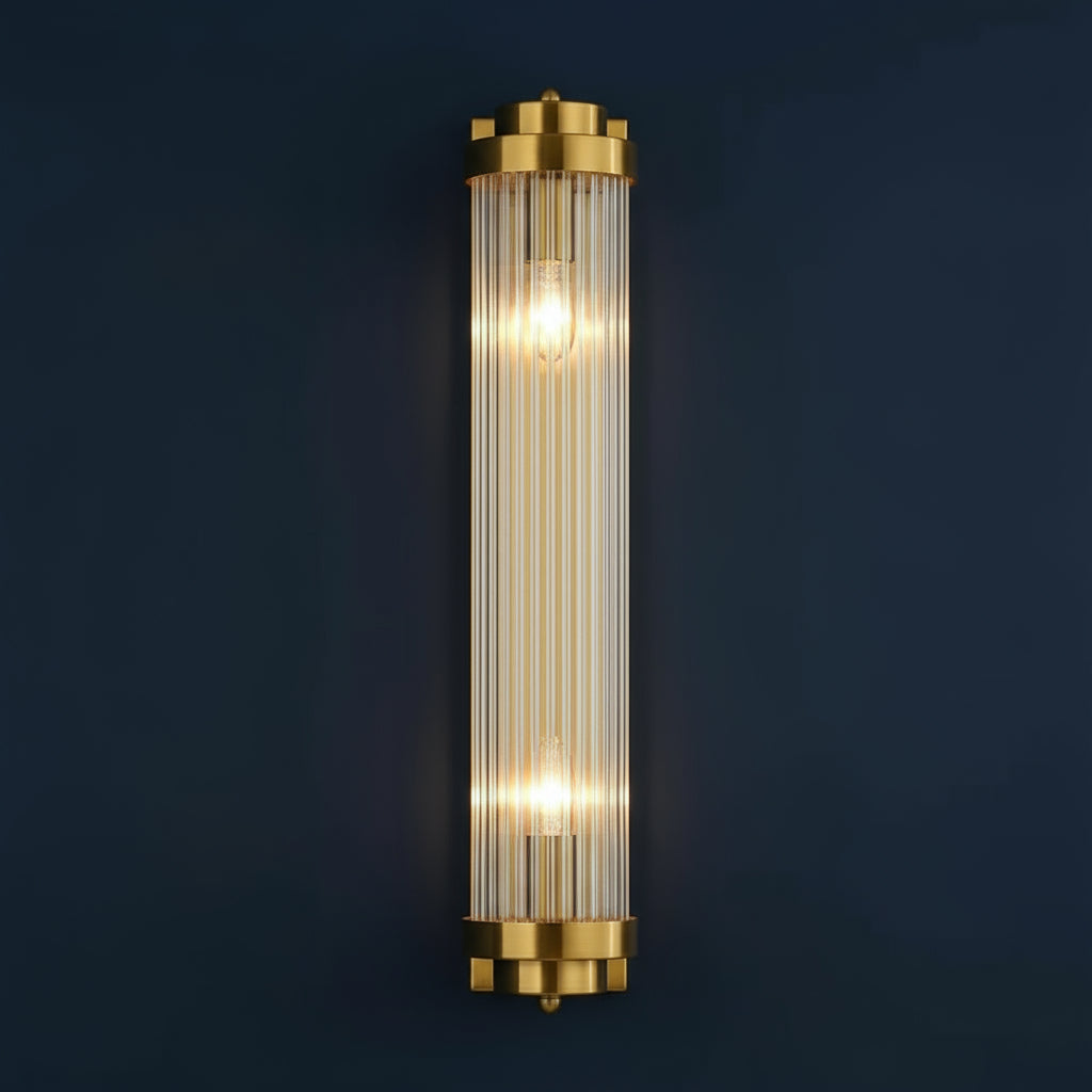 Art Deco Wall Light | Vertical Ribbed Crystal Tube Double Bulbs Bedroom Lighting