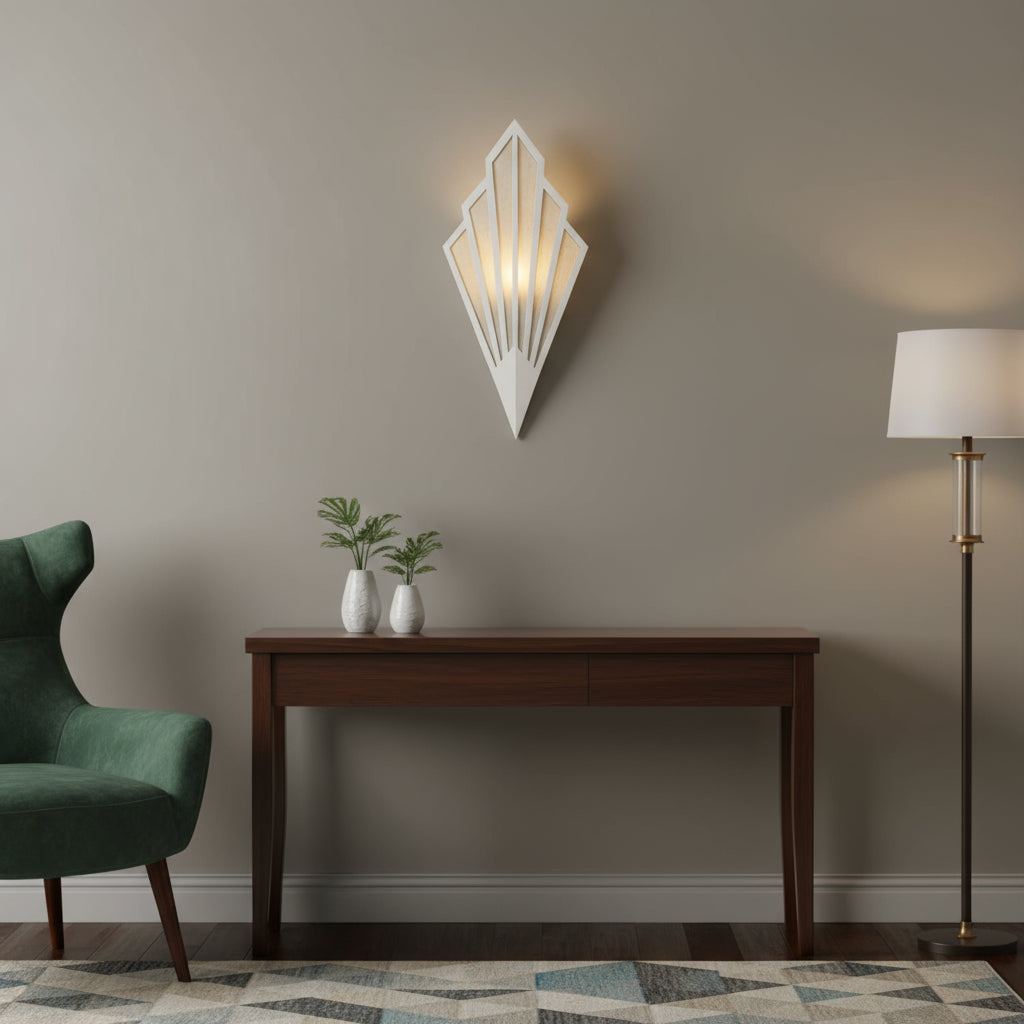 Art Deco Wall Light | Geometric Fan-Shaped Metal Frame Fabric Shade Indoor Lighting