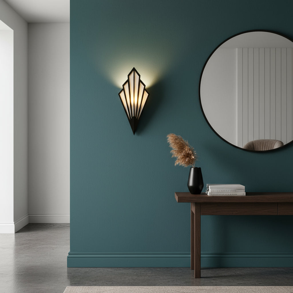 Art Deco Wall Light | Geometric Fan-Shaped Metal Frame Fabric Shade Indoor Lighting
