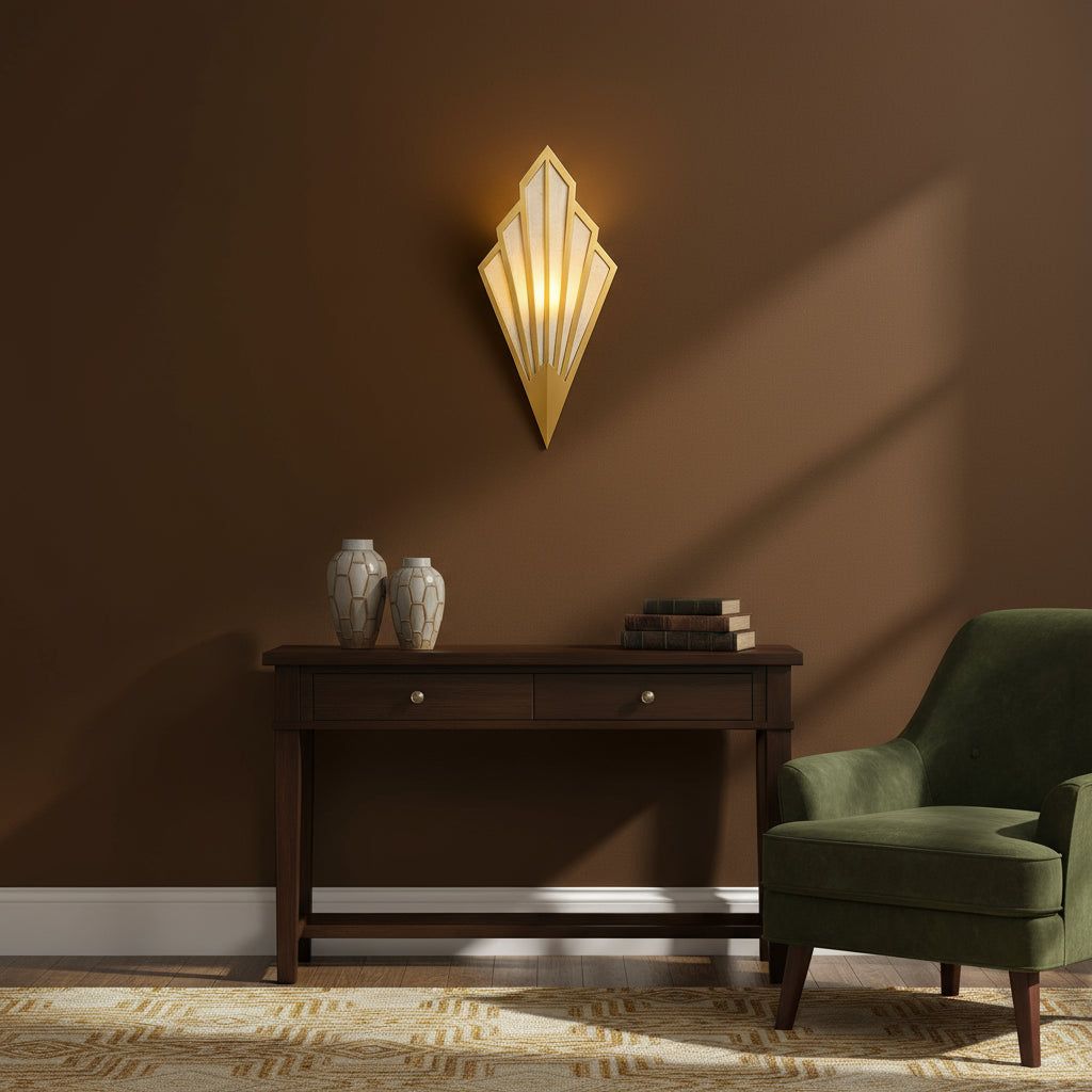 Art Deco Wall Light | Geometric Fan-Shaped Metal Frame Fabric Shade Indoor Lighting