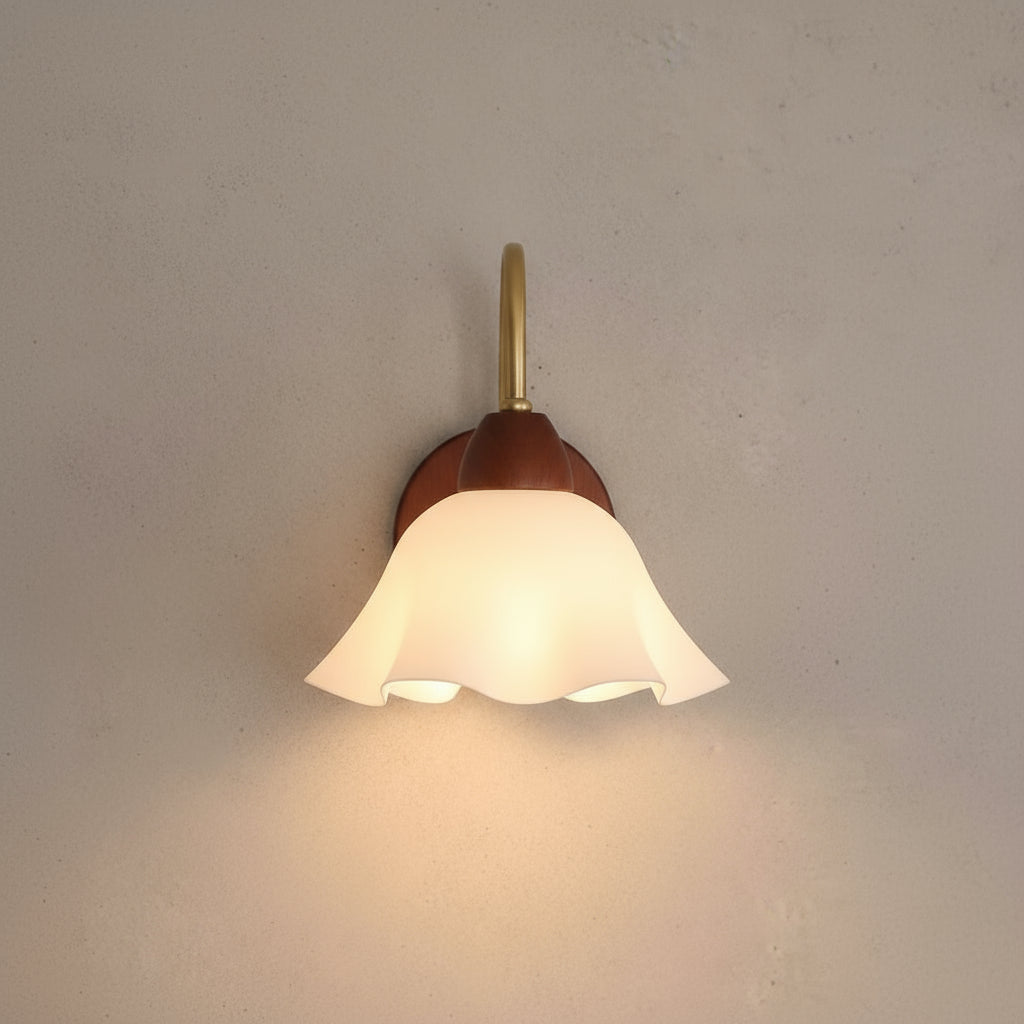 Vintage Wall Light | Wooden Frosted Glass Sconce Ivory Finish Bedroom Living Room