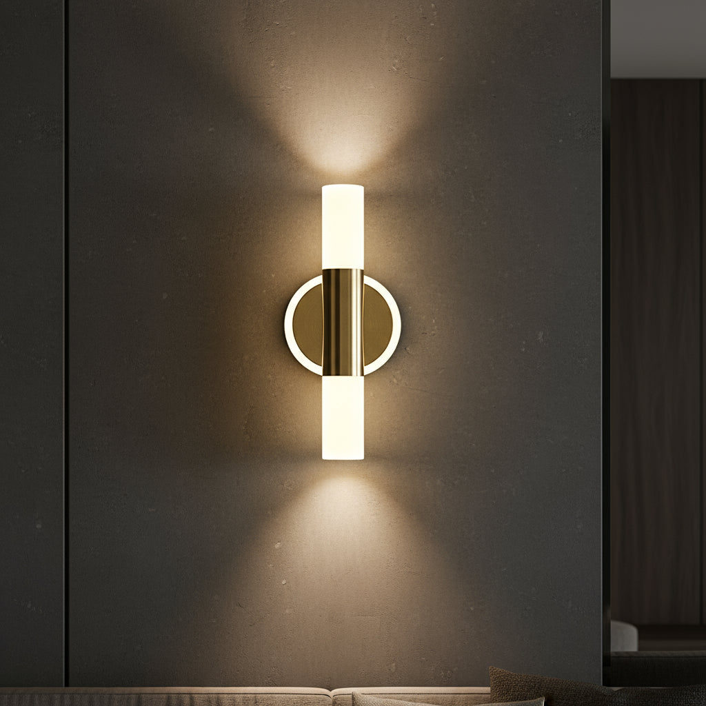 Art Deco Wall Light | Brass Cylinder LED Double Frosted Shades Indoor Lighting