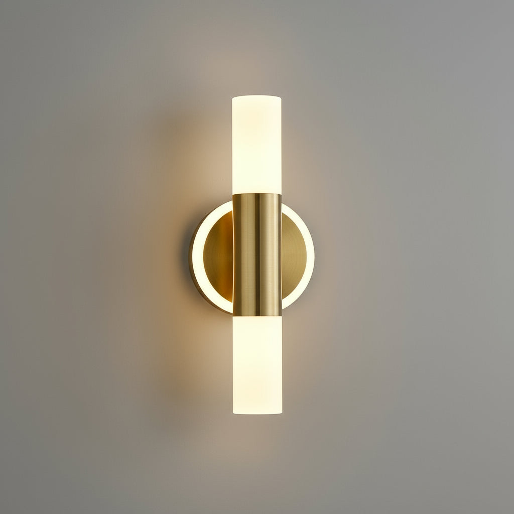 Art Deco Wall Light | Brass Cylinder LED Double Frosted Shades Indoor Lighting