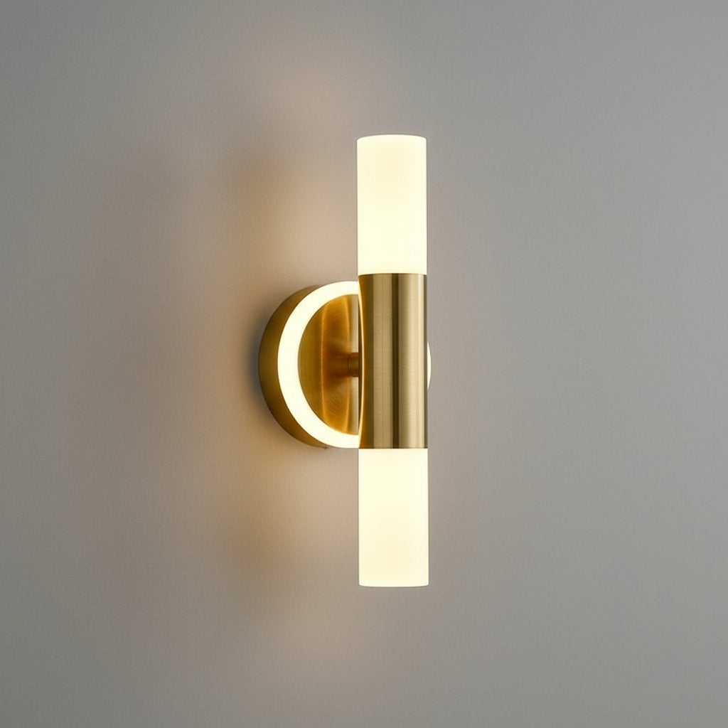 Art Deco Wall Light | Brass Cylinder LED Double Frosted Shades Indoor Lighting