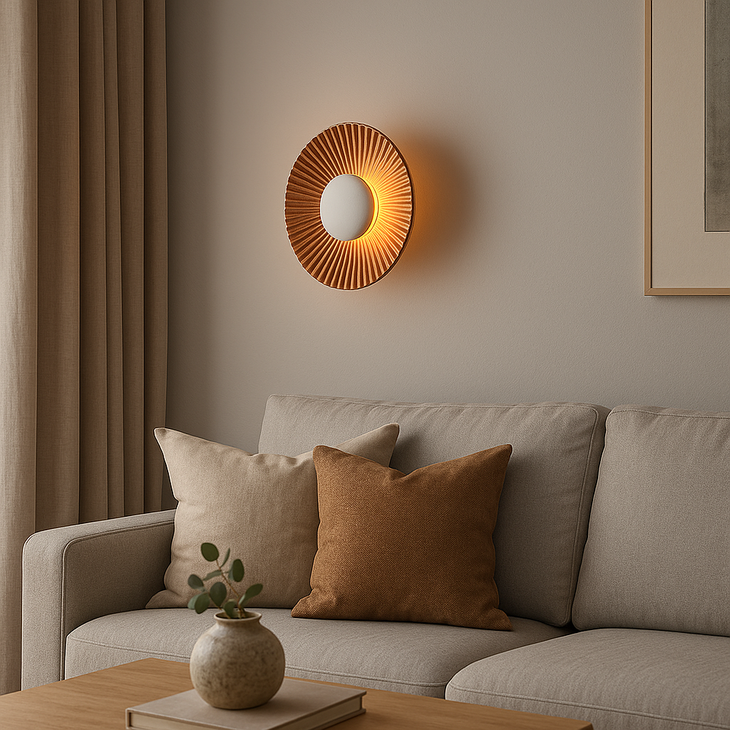Art Deco LED Wall Light | Ribbed Aluminum Disc Sconce White Gold Finish Indoor Lighting