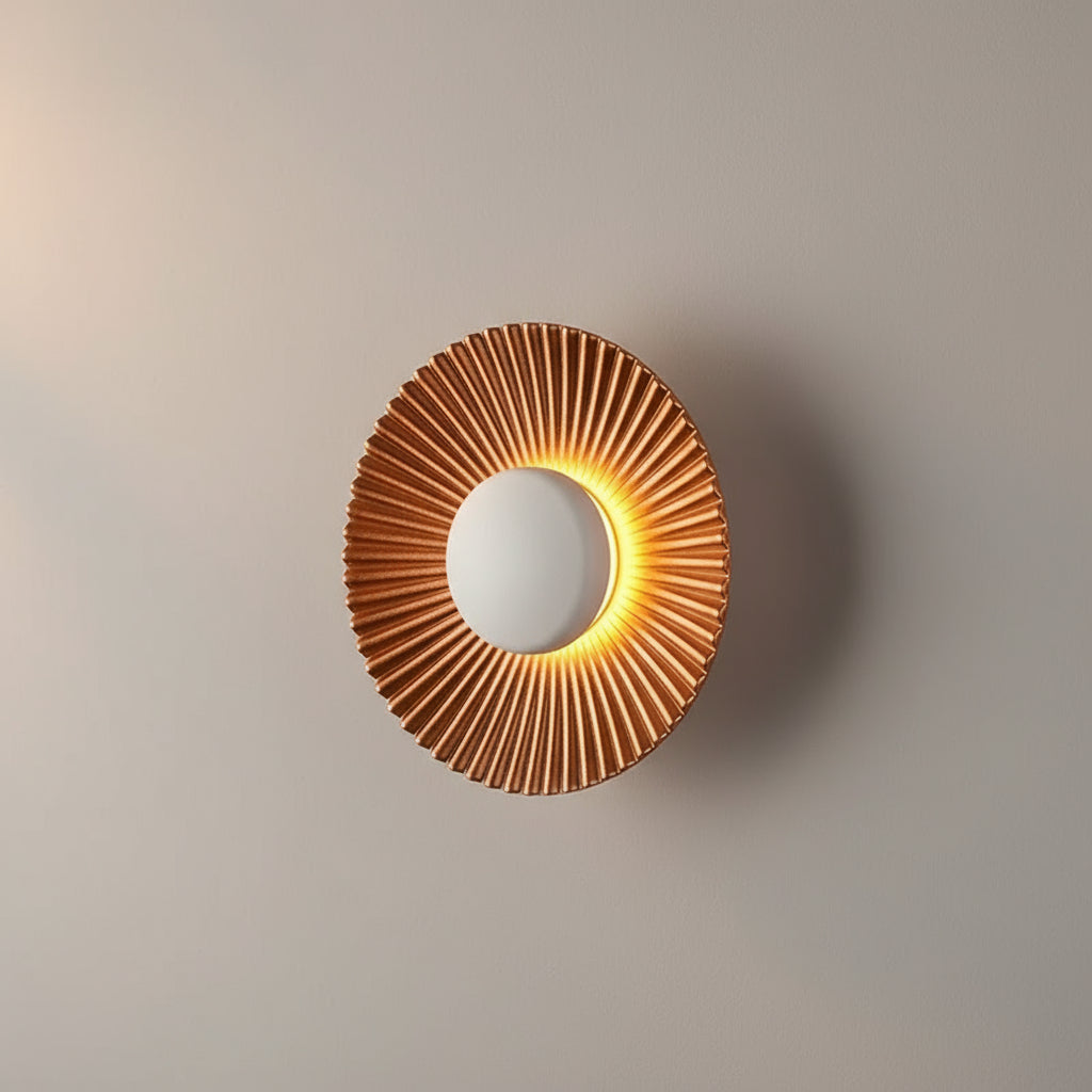 Art Deco LED Wall Light | Ribbed Aluminum Disc Sconce White Gold Finish Indoor Lighting