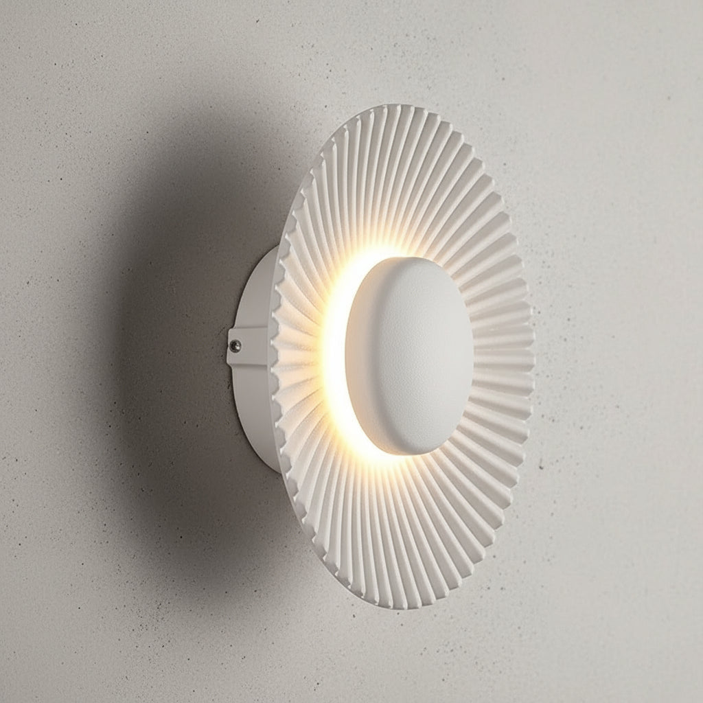 Art Deco LED Wall Light | Ribbed Aluminum Disc Sconce White Gold Finish Indoor Lighting