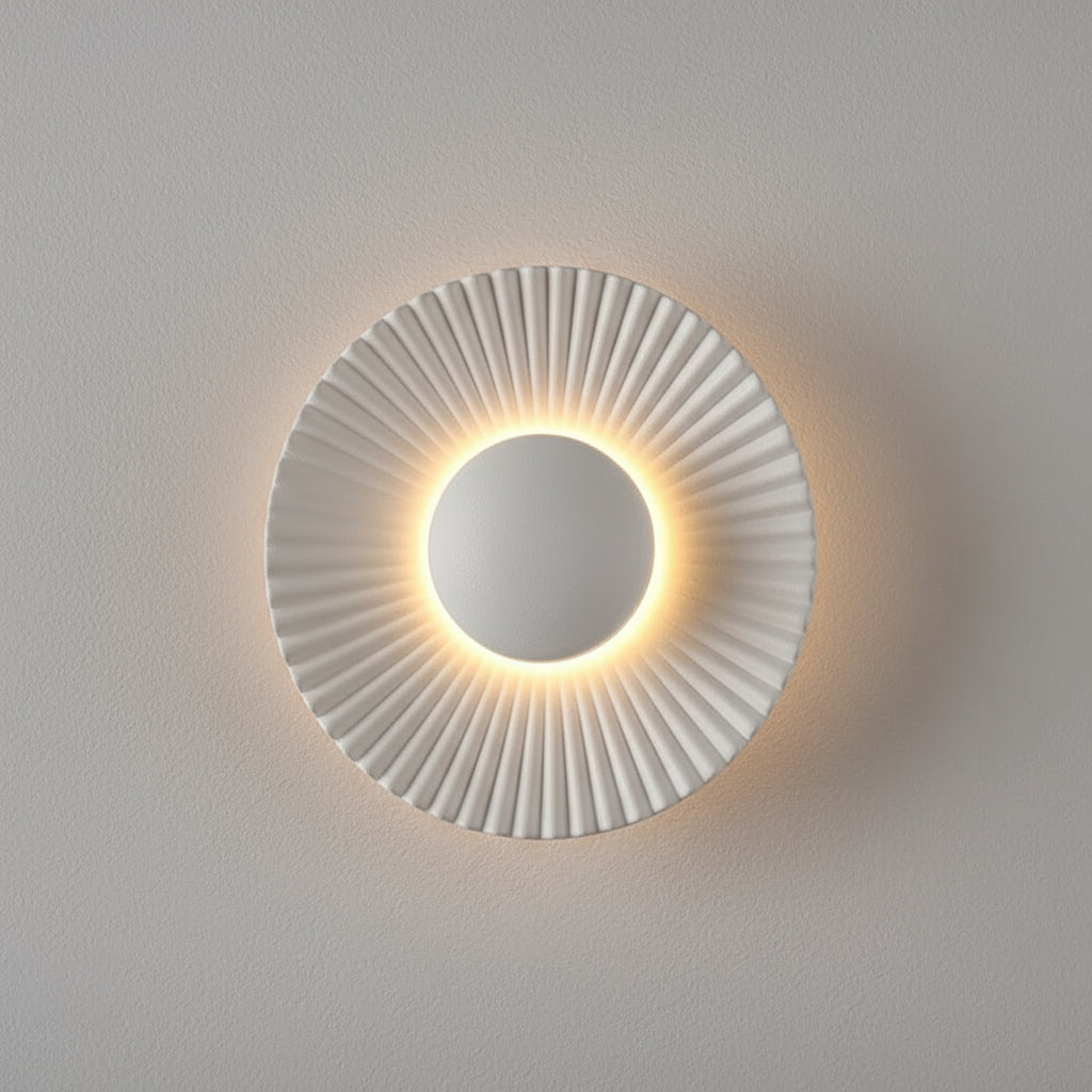 Art Deco LED Wall Light | Ribbed Aluminum Disc Sconce White Gold Finish Indoor Lighting