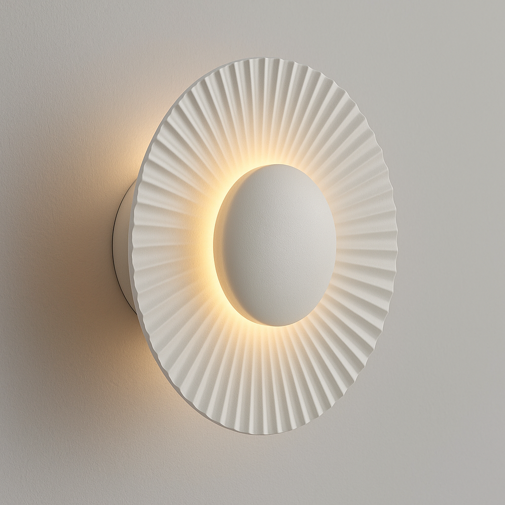 Art Deco LED Wall Light | Ribbed Aluminum Disc Sconce White Gold Finish Indoor Lighting