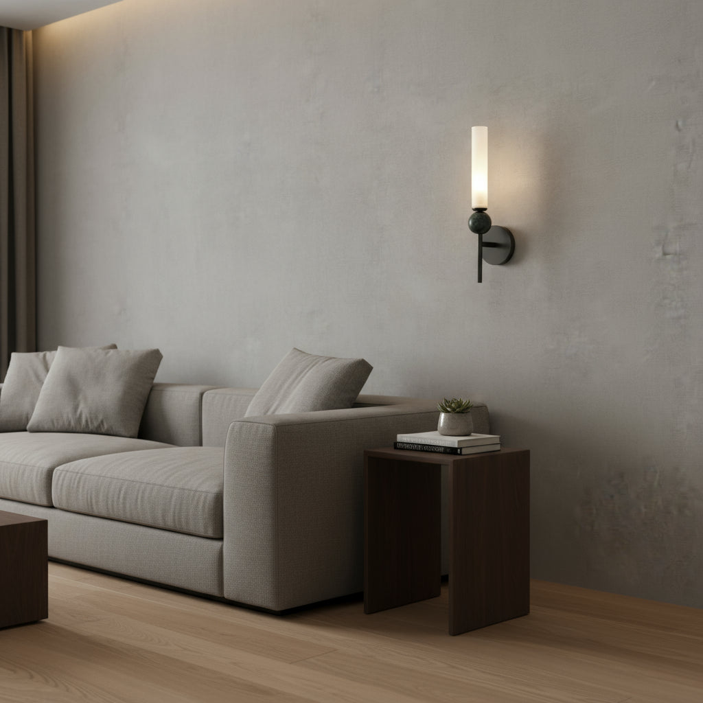 Art Deco Brass Wall Light | Slim Copper Frosted Acrylic Shade Black Sphere Art Deco Lighting