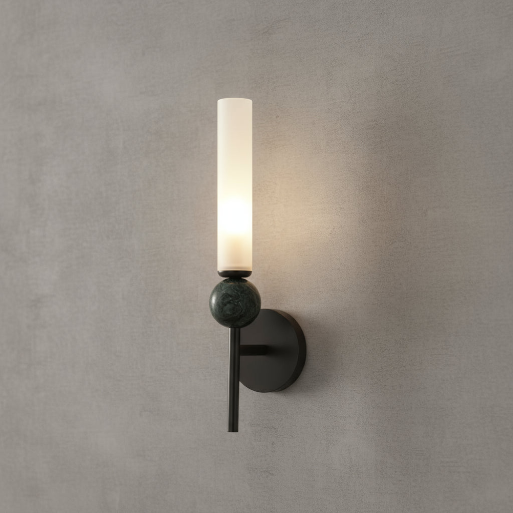 Art Deco Brass Wall Light | Slim Copper Frosted Acrylic Shade Black Sphere Art Deco Lighting