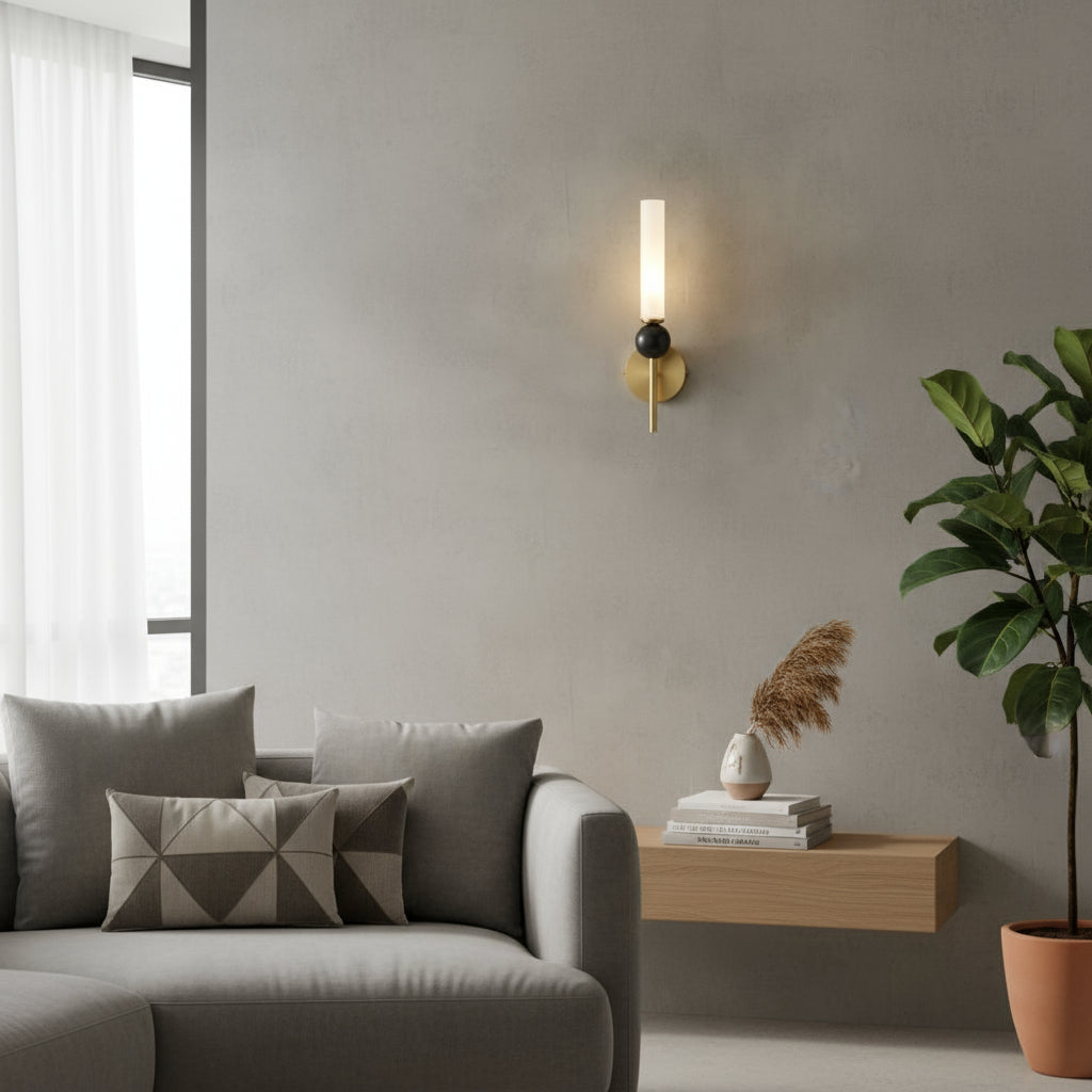 Art Deco Brass Wall Light | Slim Copper Frosted Acrylic Shade Black Sphere Art Deco Lighting