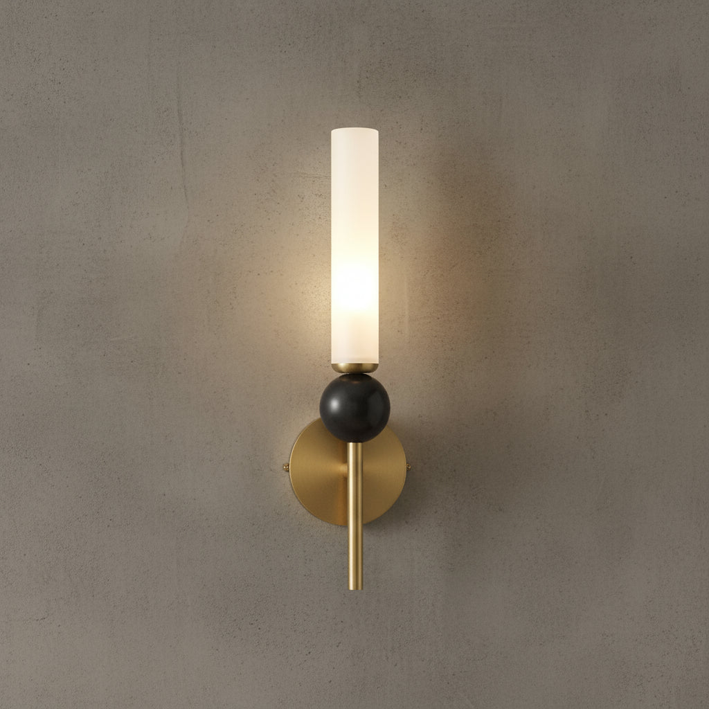 Art Deco Brass Wall Light | Slim Copper Frosted Acrylic Shade Black Sphere Art Deco Lighting