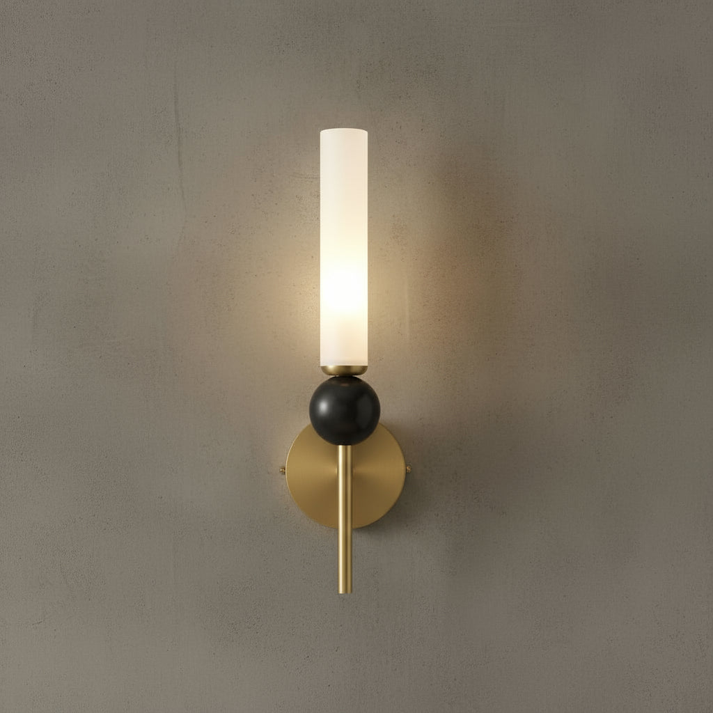 Art Deco Brass Wall Light | Slim Copper Frosted Acrylic Shade Black Sphere Art Deco Lighting