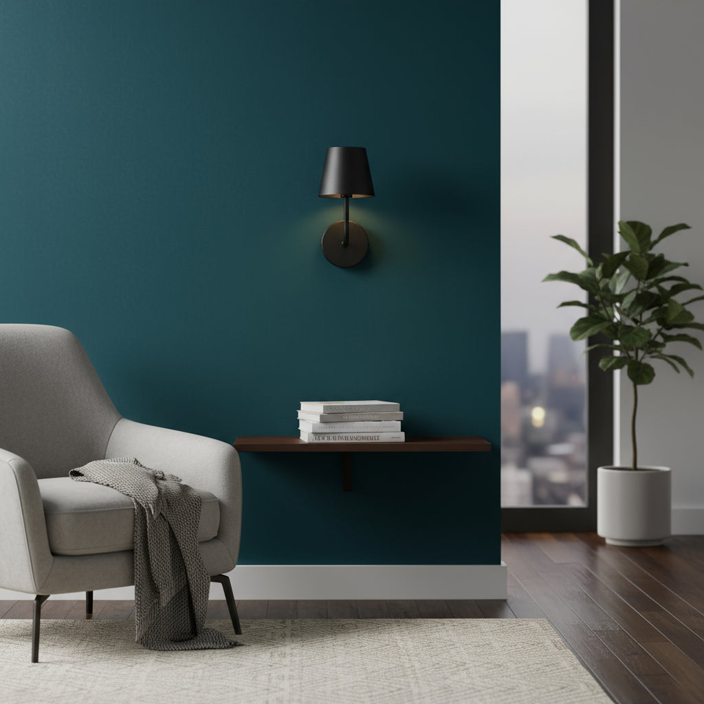 Rechargeable Wall Light | Matte Black Long Rod Tapered Fabric Shade Battery Operated
