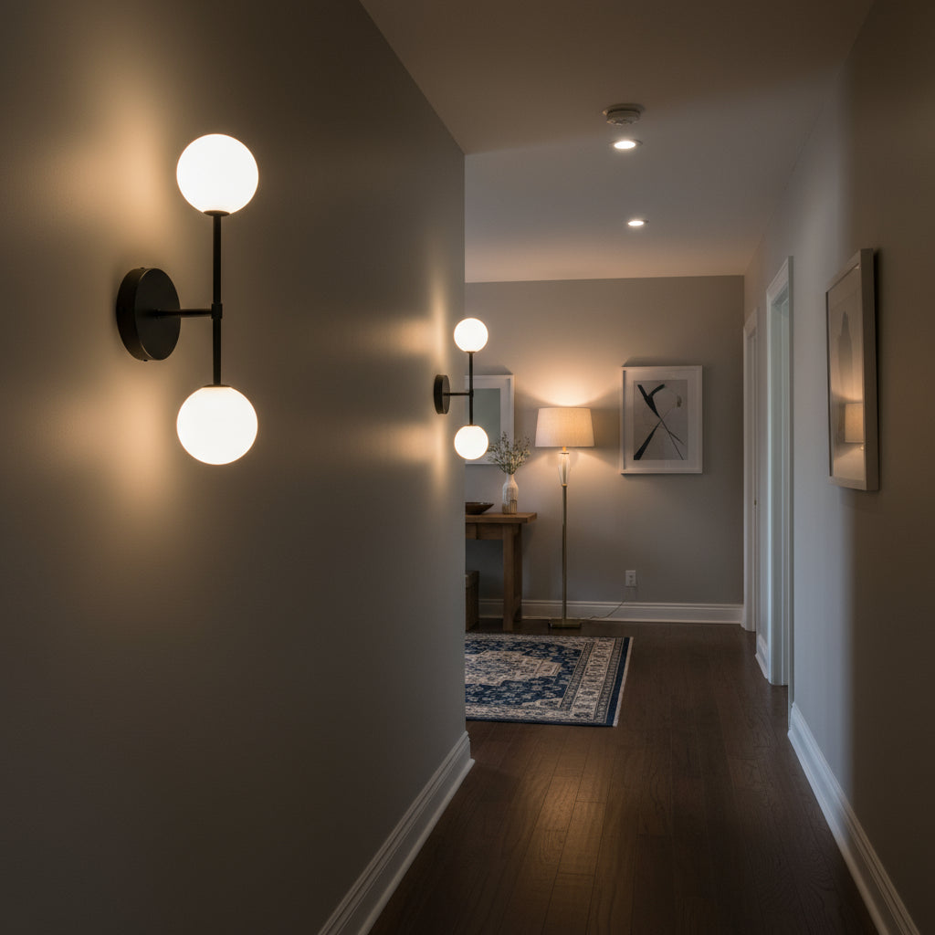 Antique Brass Wall Light | Vertical Double Globe Frosted Glass Shades Bedroom Lighting