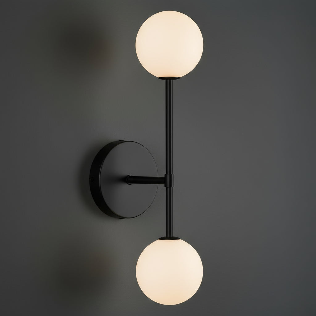 Antique Brass Wall Light | Vertical Double Globe Frosted Glass Shades Bedroom Lighting