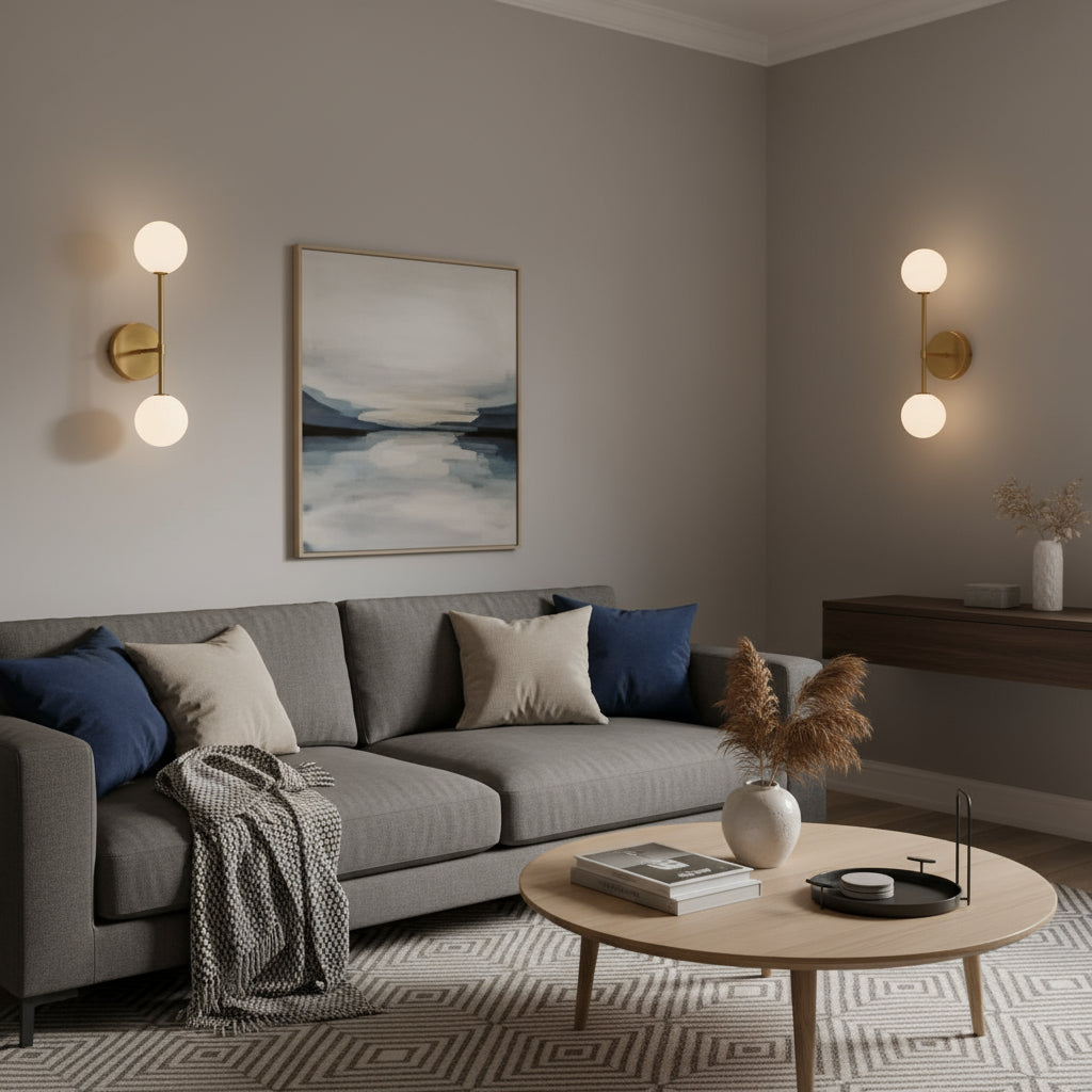 Antique Brass Wall Light | Vertical Double Globe Frosted Glass Shades Bedroom Lighting