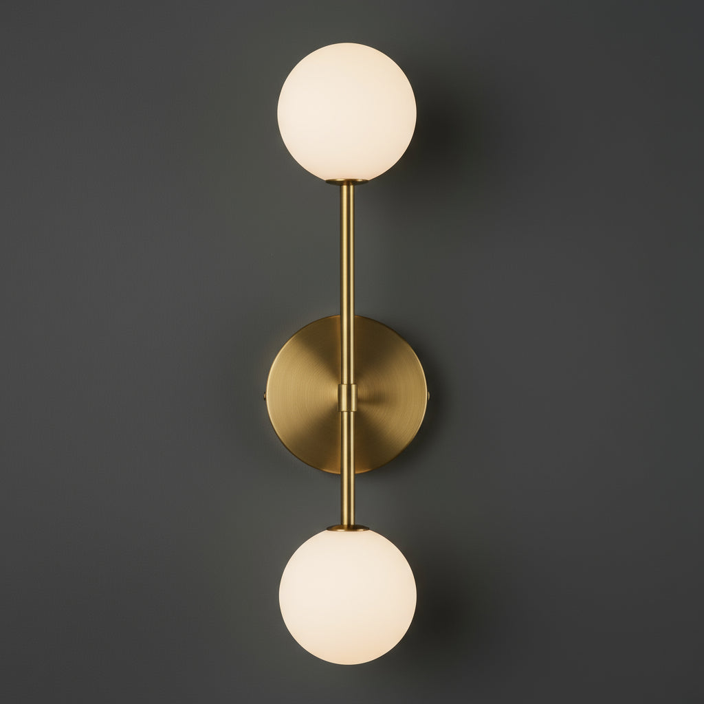 Antique Brass Wall Light | Vertical Double Globe Frosted Glass Shades Bedroom Lighting