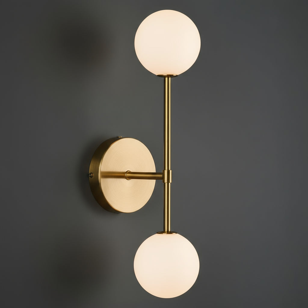 Antique Brass Wall Light | Vertical Double Globe Frosted Glass Shades Bedroom Lighting