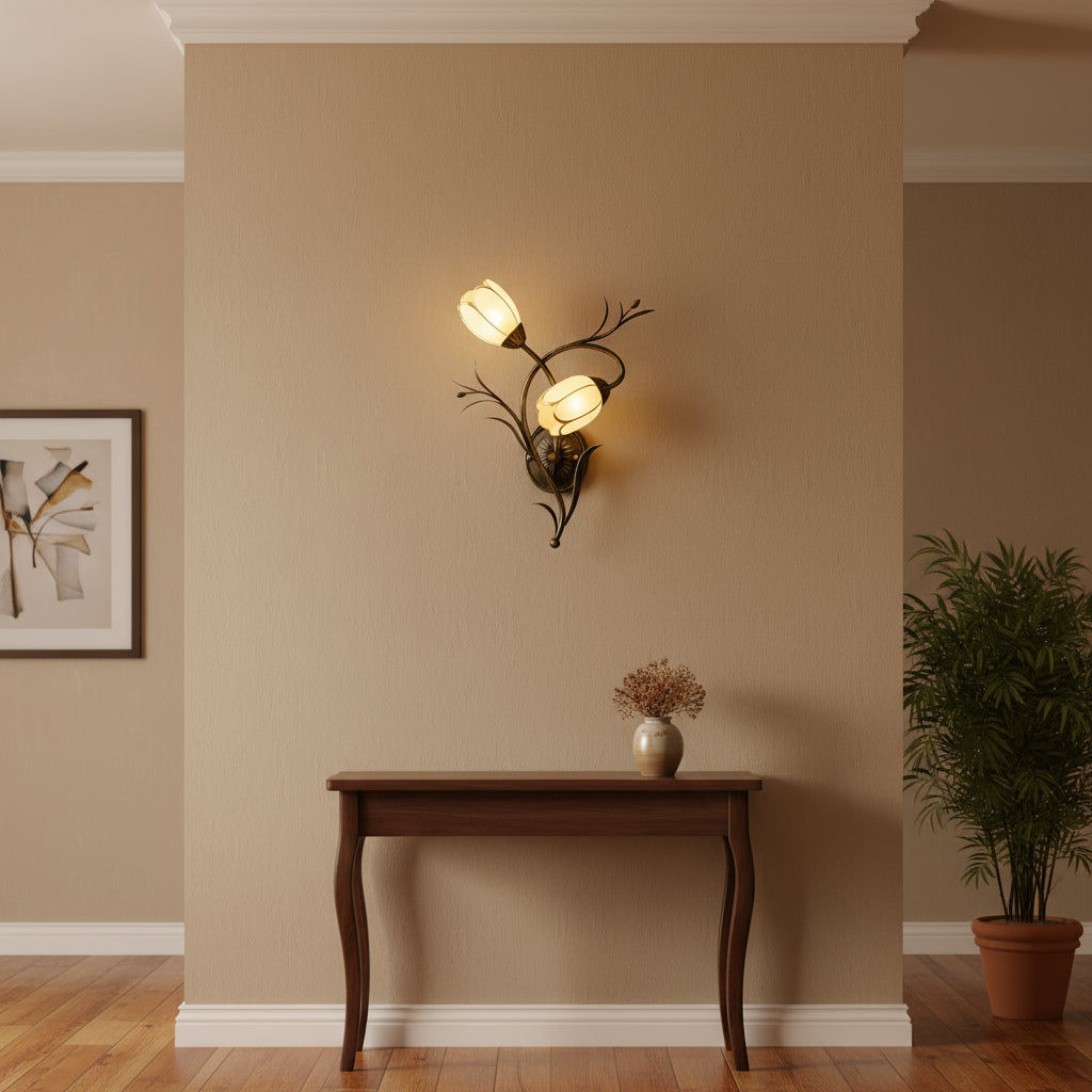 Antique Brass Wall Light | Two Flower-Shaped Glass Shades Curved Branch Frame Living Room