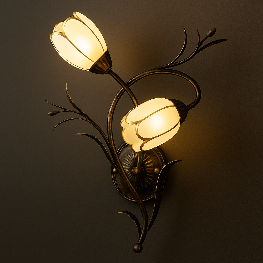 Antique Brass Wall Light | Two Flower-Shaped Glass Shades Curved Branch Frame Living Room