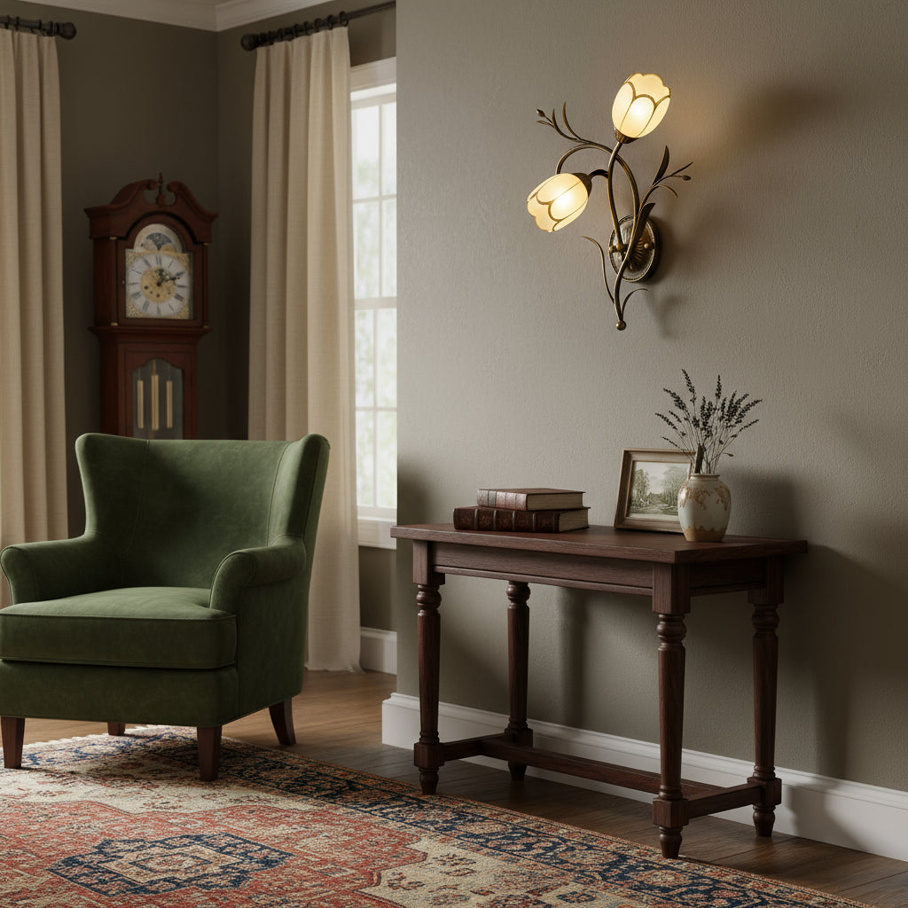 Antique Brass Wall Light | Two Flower-Shaped Glass Shades Curved Branch Frame Living Room