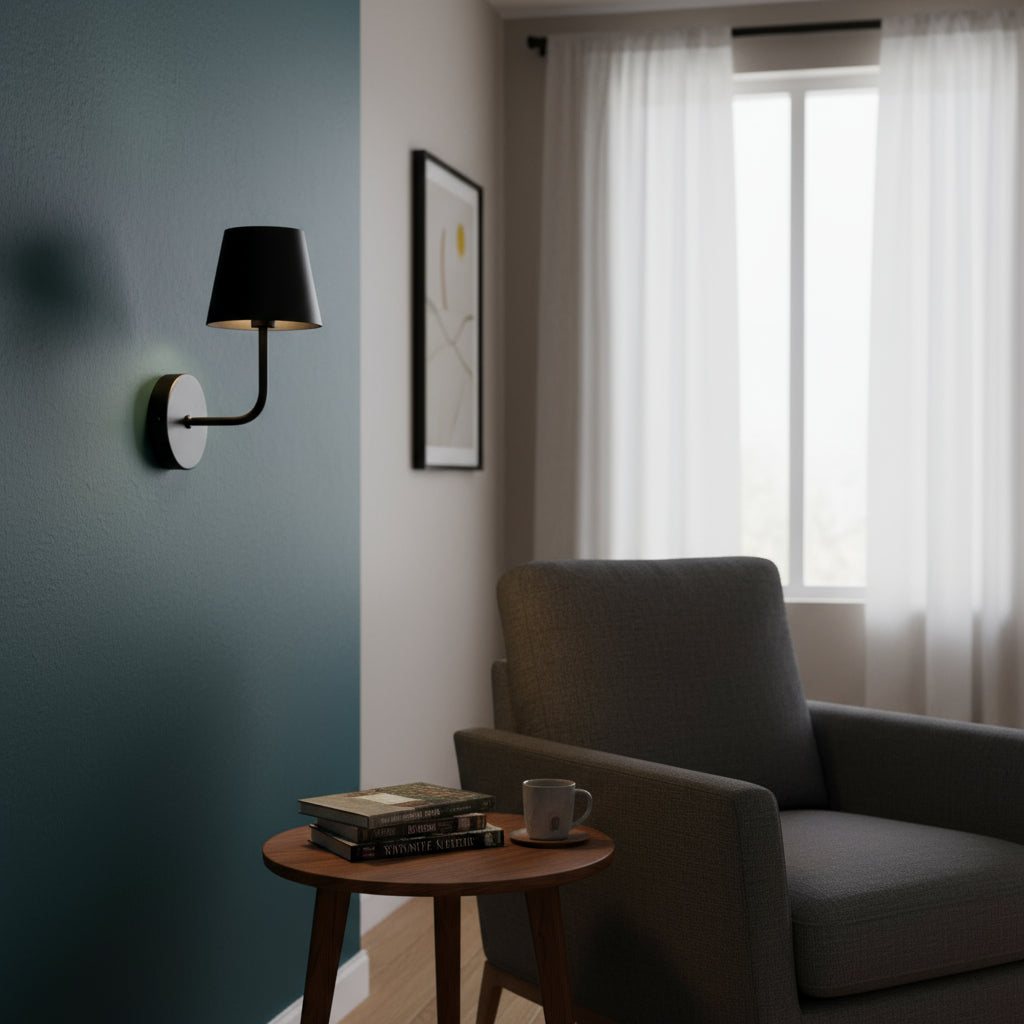 Rechargeable Wall Light | Matte Black Long Rod Tapered Fabric Shade Battery Operated