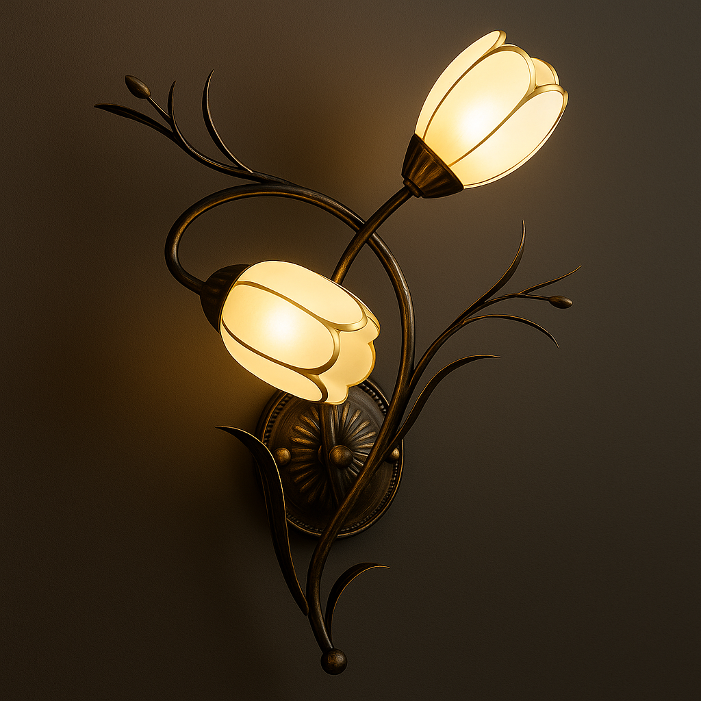 Antique Brass Wall Light | Two Flower-Shaped Glass Shades Curved Branch Frame Living Room