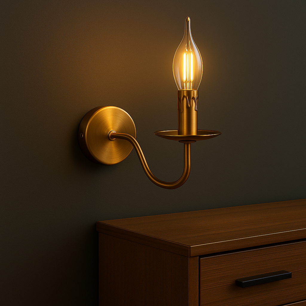 Antique Brass Wall Light | Single Arm Candle-Style White Pleated Shade Candle Sconce