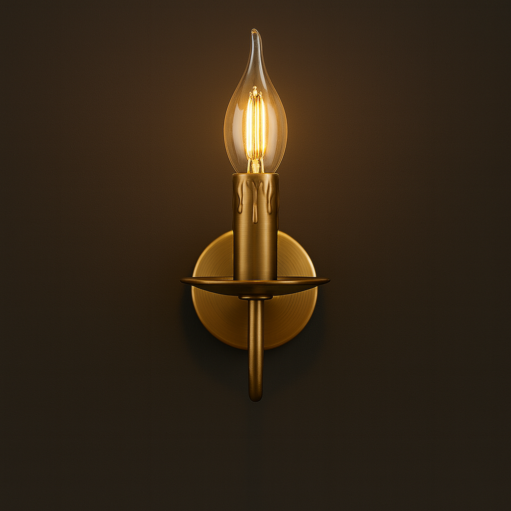 Antique Brass Wall Light | Single Arm Candle-Style White Pleated Shade Candle Sconce