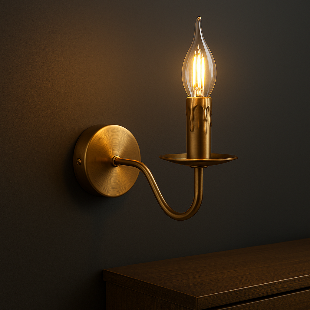 Antique Brass Wall Light | Single Arm Candle-Style White Pleated Shade Candle Sconce