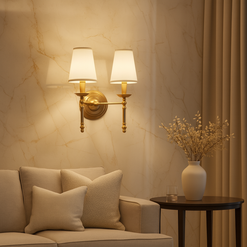 Antique Brass Wall Light | Polished Copper Body White Fabric Shade Bedroom Indoor