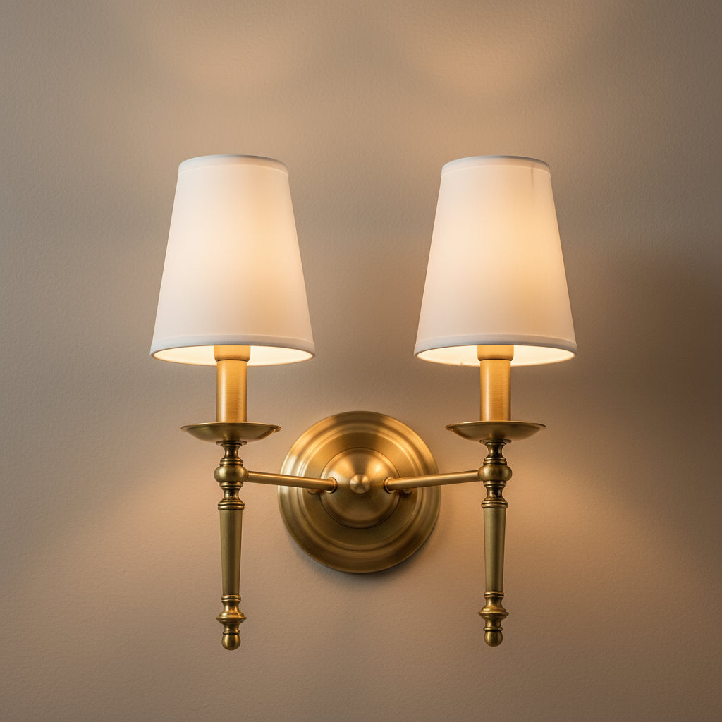 Antique Brass Wall Light | Polished Copper Body White Fabric Shade Bedroom Indoor