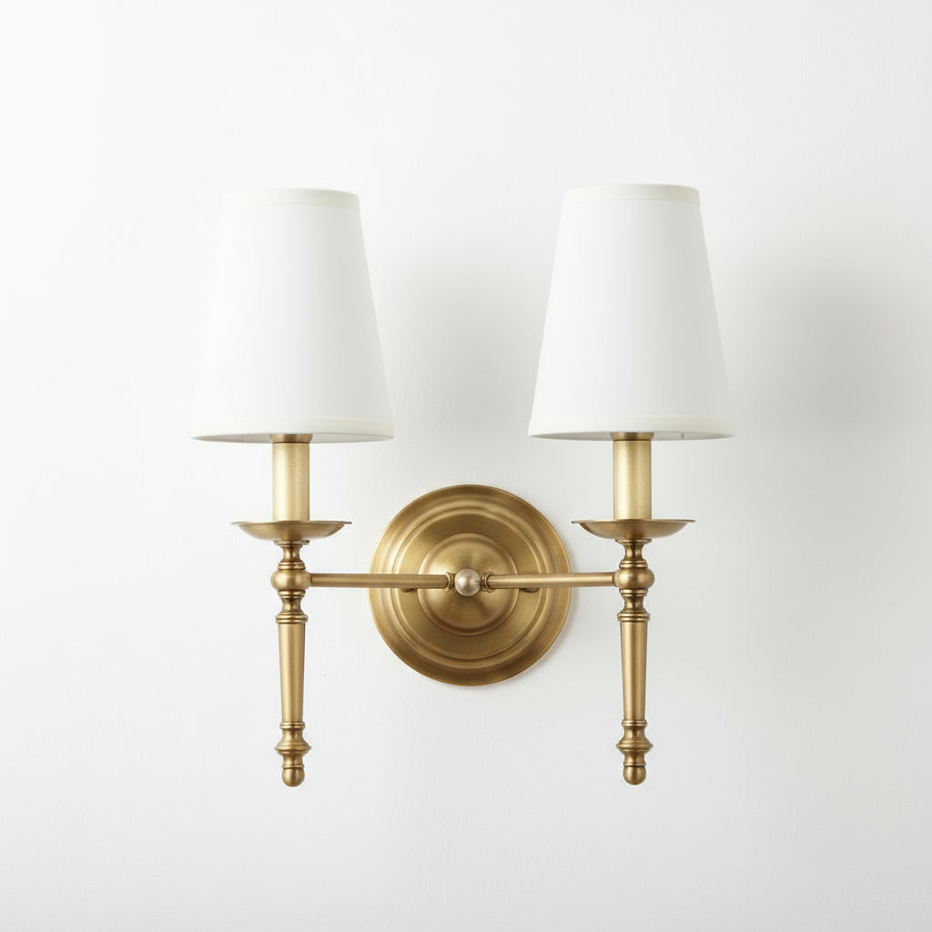 Antique Brass Wall Light | Polished Copper Body White Fabric Shade Bedroom Indoor