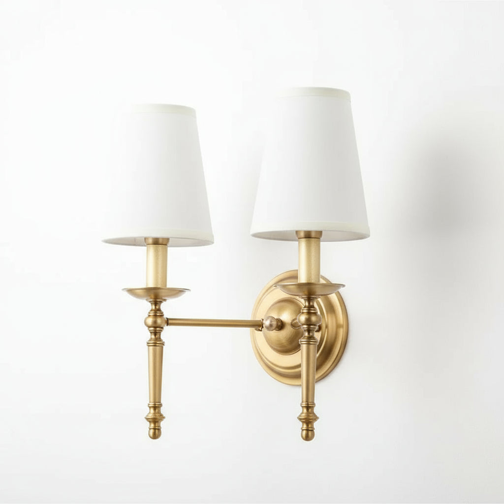 Antique Brass Wall Light | Polished Copper Body White Fabric Shade Bedroom Indoor