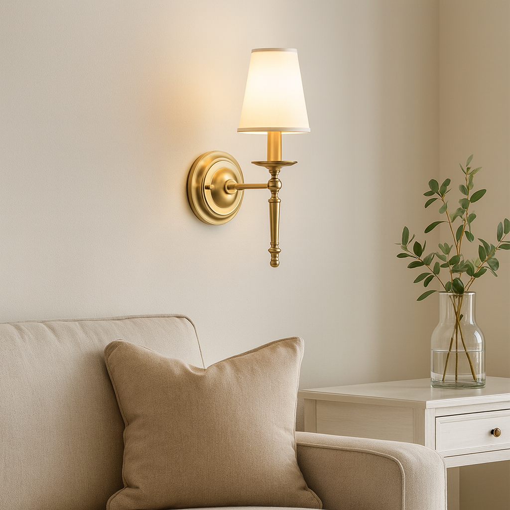 Antique Brass Wall Light | Polished Copper Body White Fabric Shade Bedroom Indoor