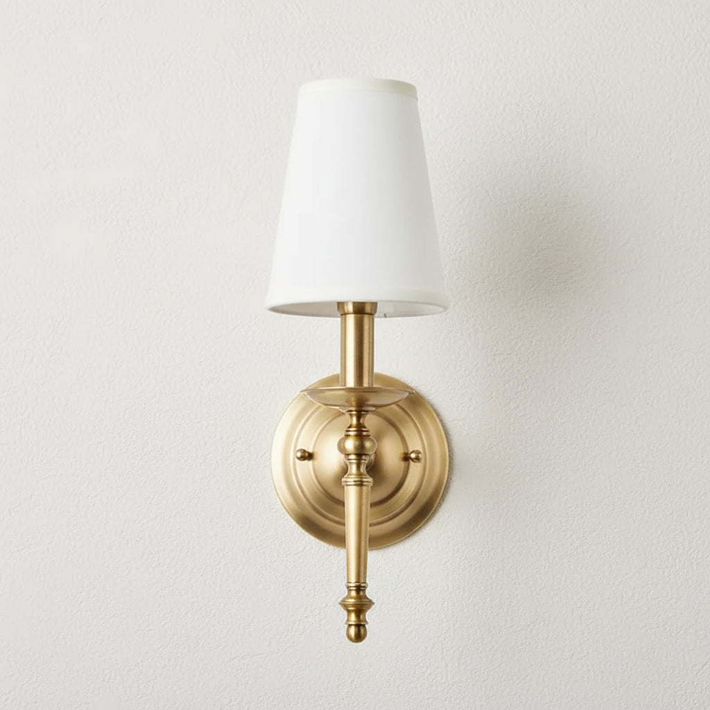 Antique Brass Wall Light | Polished Copper Body White Fabric Shade Bedroom Indoor